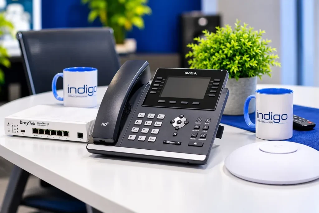 Business phone, DrayTek router and WiFi access point on a desk in the Indigo office