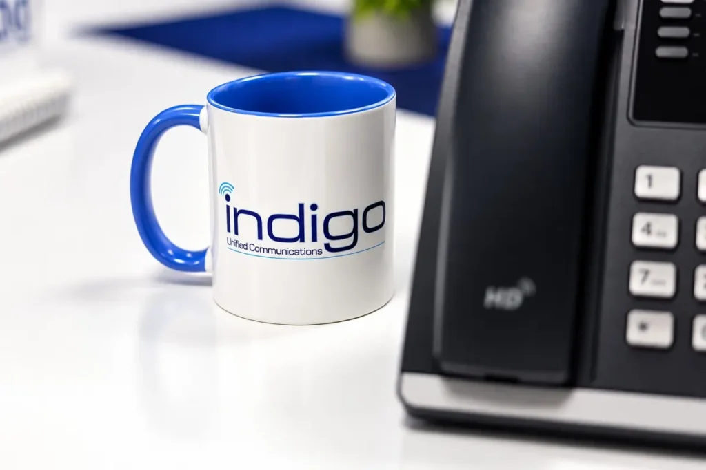 An Indigo mug beside a business desk phone