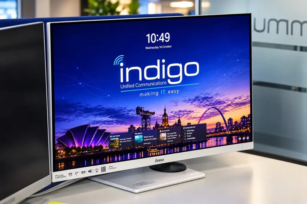Indigo-branded screen showing the Glasgow skyline and the tagline "making IT easy"