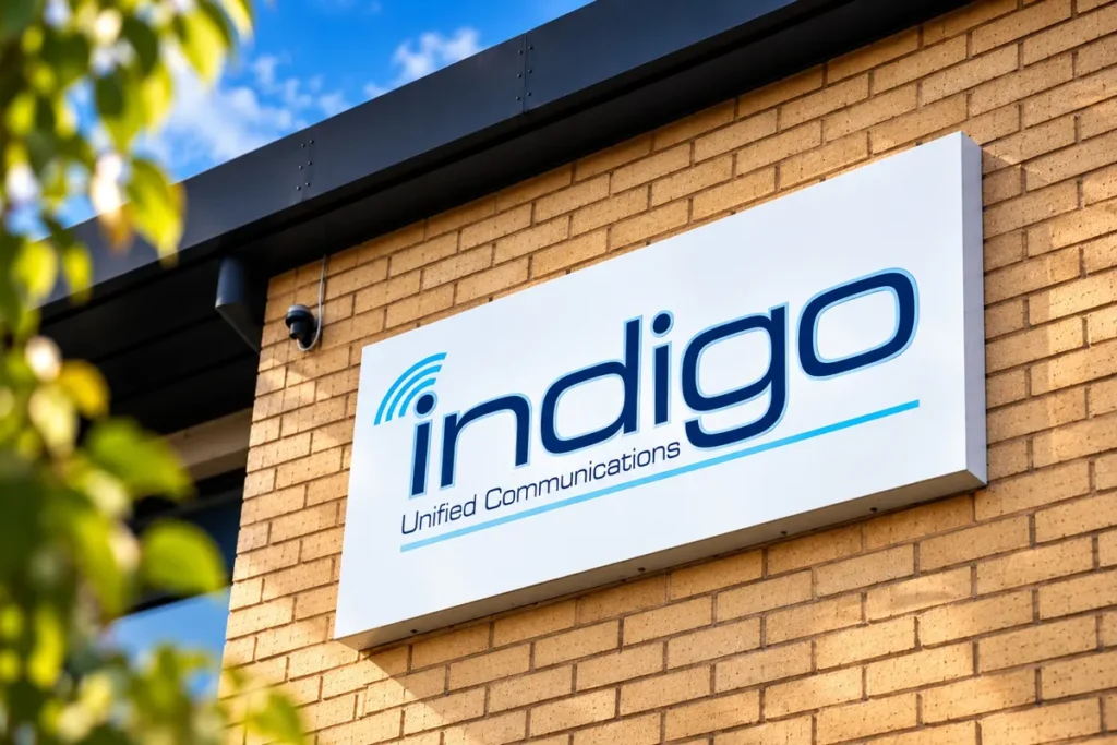 Indigo Unified Communications sign on the front of the Glasgow office
